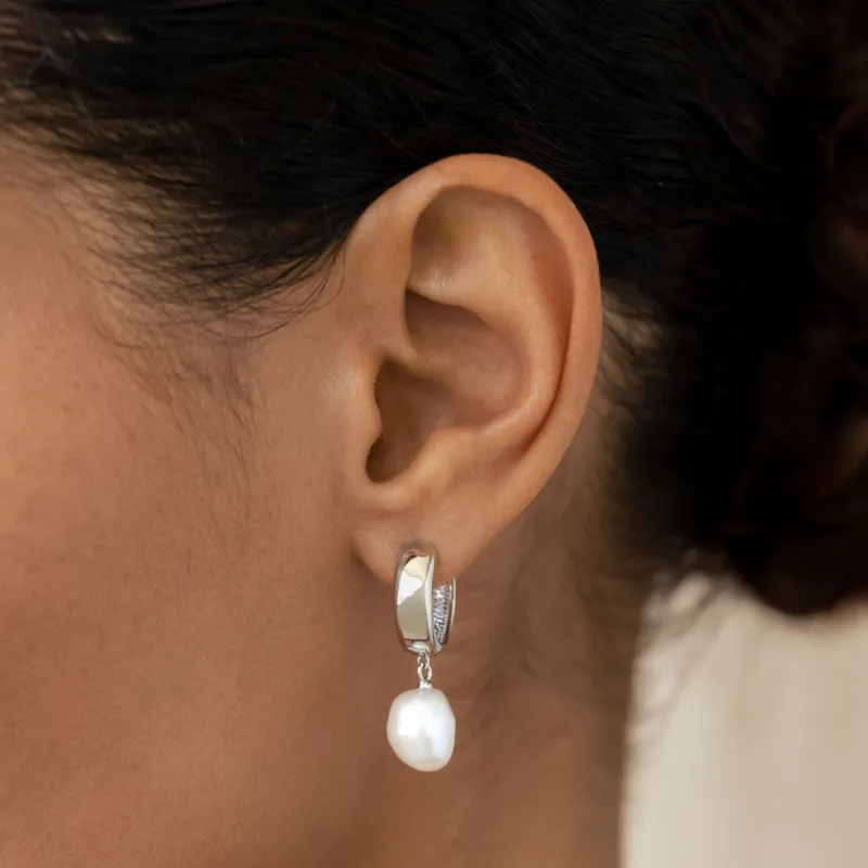 Baroque Pearl Chunky Hoop Earrings Silver - Meredith sold by Linjer