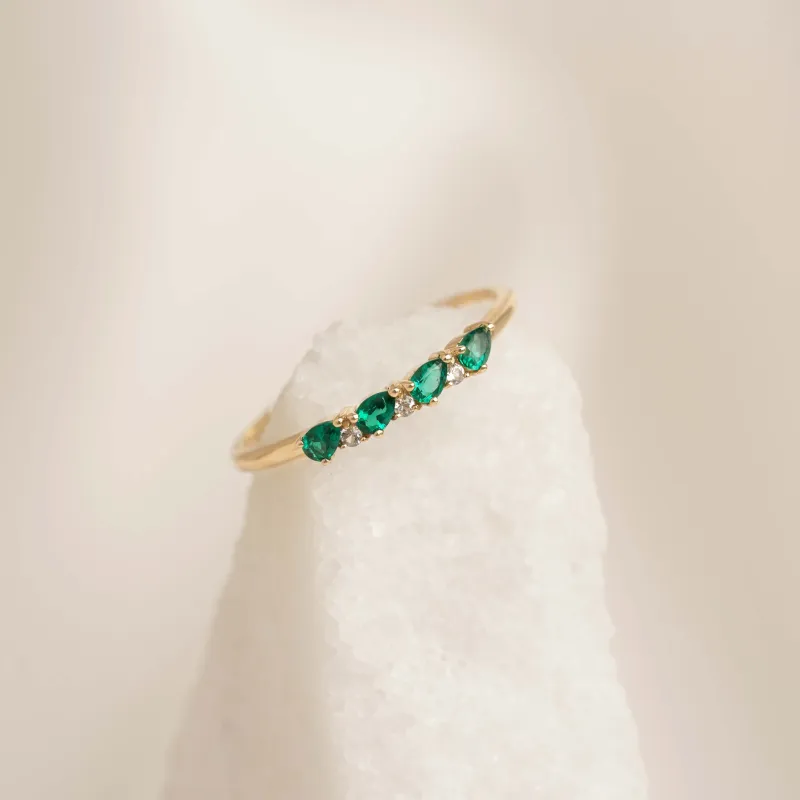 May Birthstone Pear Ring 14k Gold - Emerald and Diamond sold by Linjer