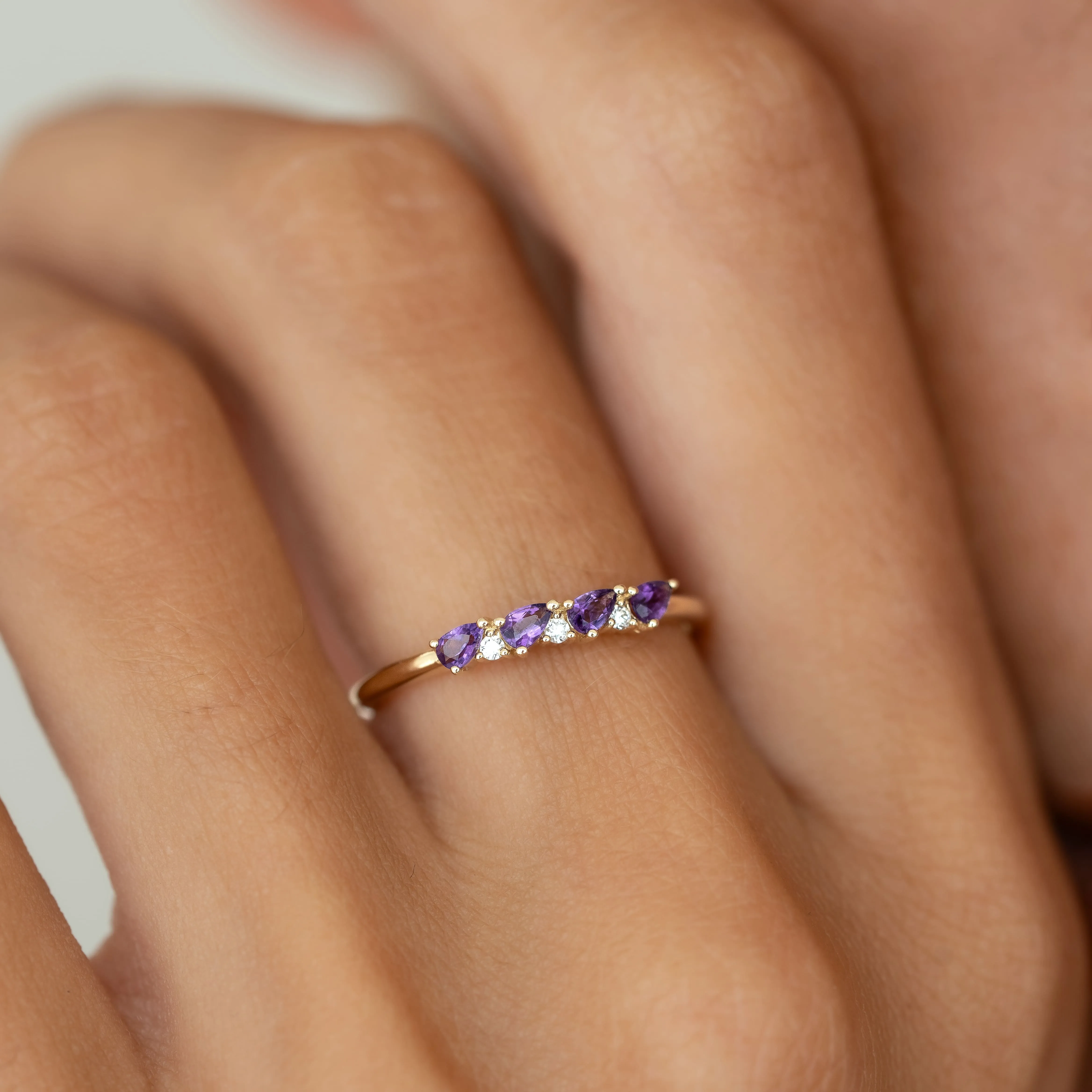 February Birthstone Pear Ring 14k Gold - Amethyst and Diamond sold by Linjer product image thumbnail 3