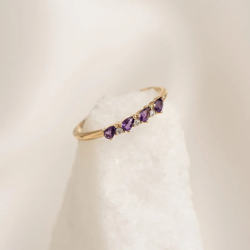 February Birthstone Pear Ring 14k Gold - Amethyst and Diamond sold by Linjer
