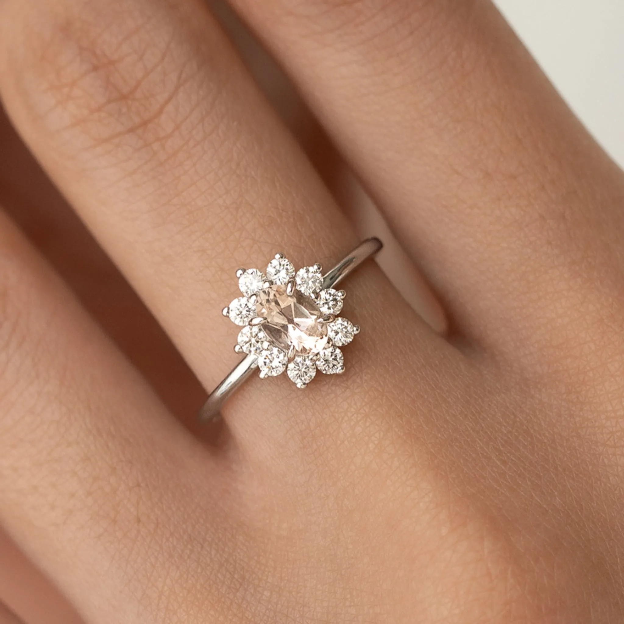 Sunburst Morganite Halo Ring White Gold - Evelina sold by Linjer