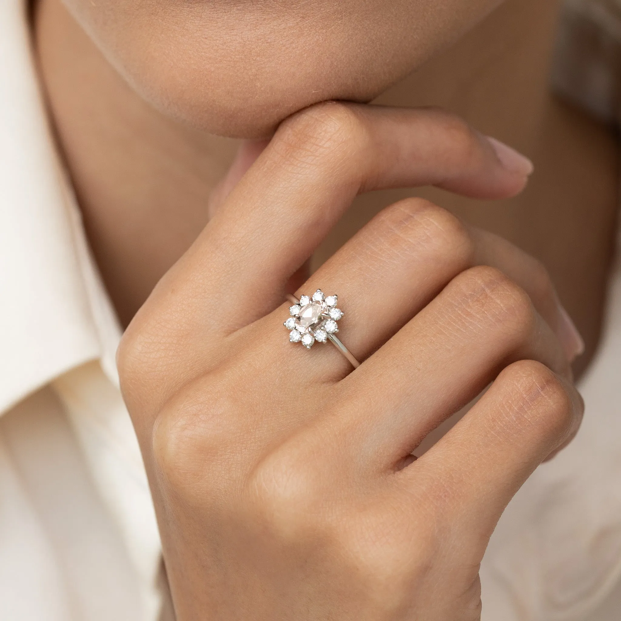 Sunburst Morganite Halo Ring White Gold - Evelina sold by Linjer product image thumbnail 4