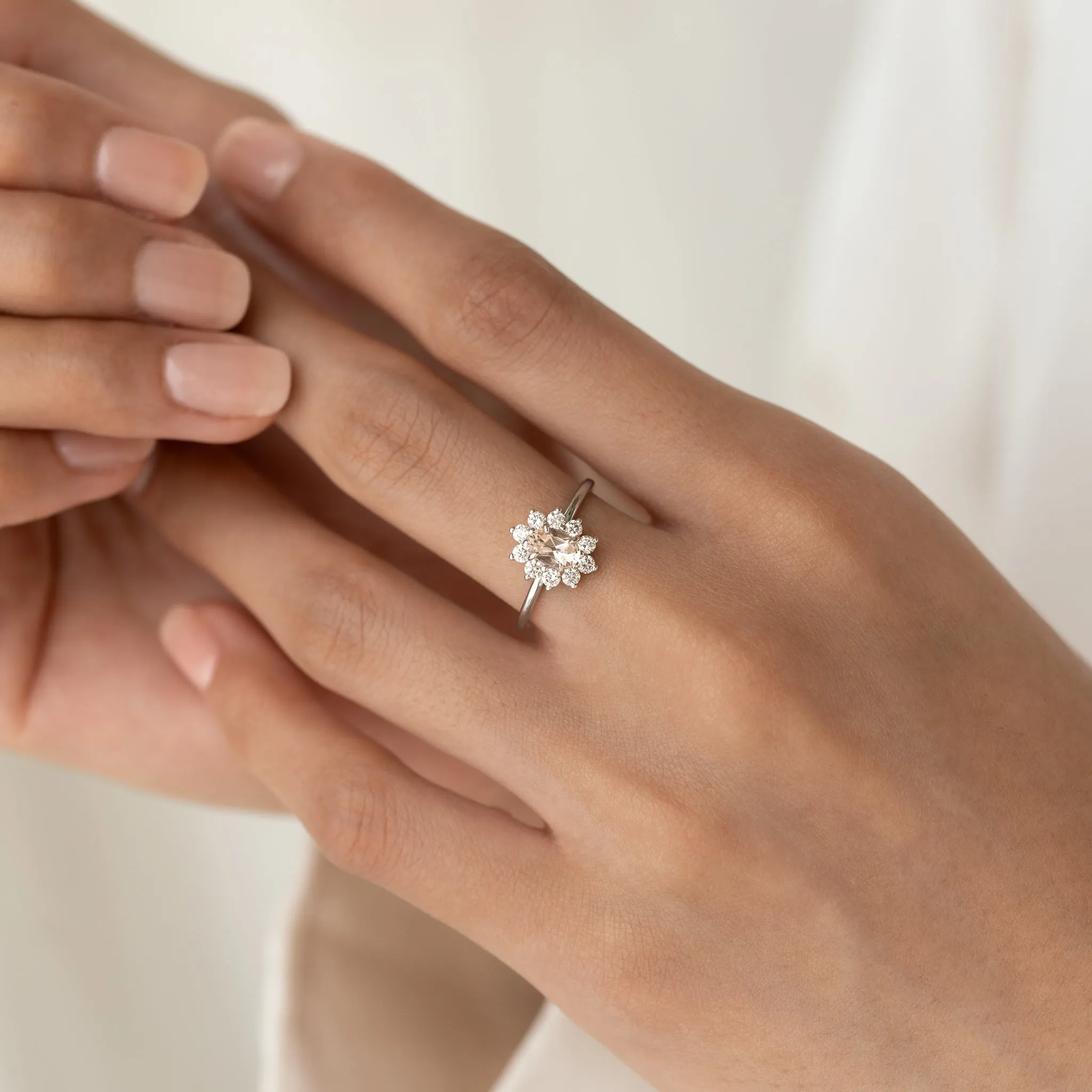 Sunburst Morganite Halo Ring White Gold - Evelina sold by Linjer product image thumbnail 2