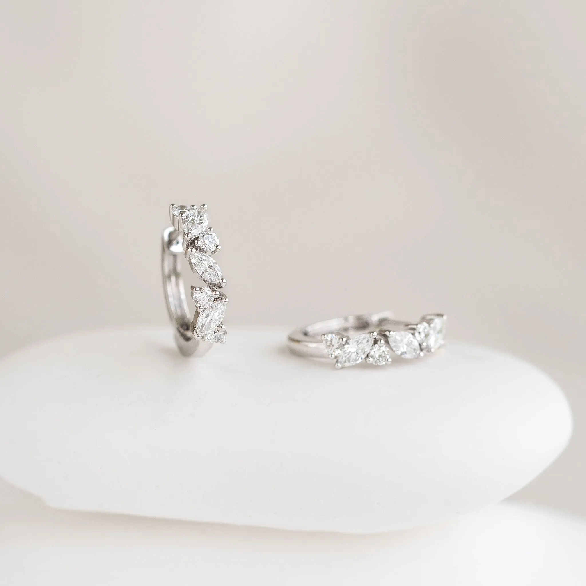 Marquise and Round Diamond Huggie Earrings White Gold - Rosa sold by Linjer product image thumbnail 2