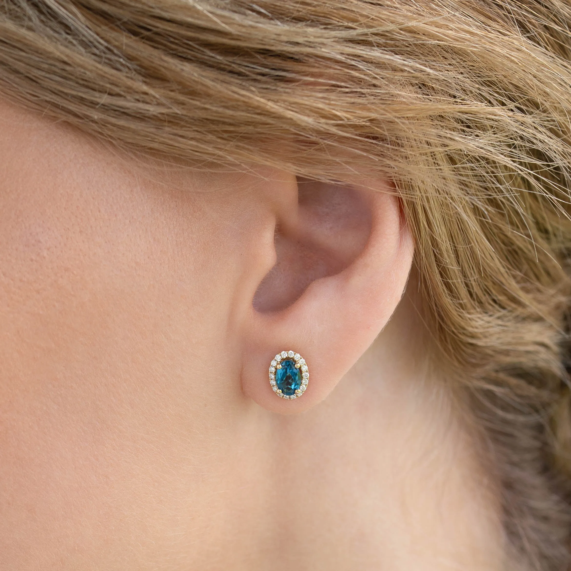 London Blue Topaz Halo Stud Earrings 14k Gold - Marzia sold by Linjer product image thumbnail 3