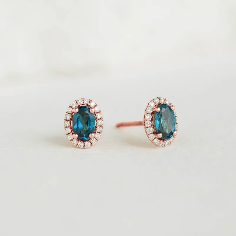 London Blue Topaz Halo Stud Earrings Rose Gold - Marzia sold by Linjer