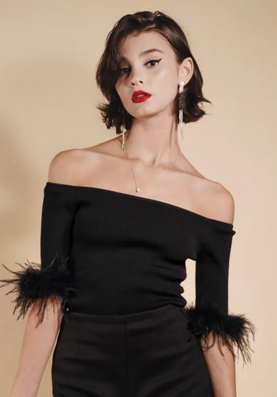 Off The Shoulder Feather Sleeve Top(Final Sale) sold by VERAFIED