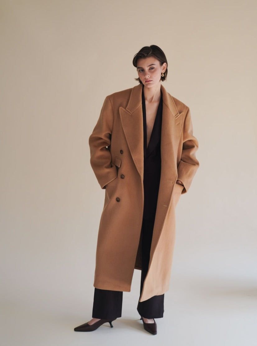 Camel Double Breasted Coat (Unisex) sold by VERAFIED