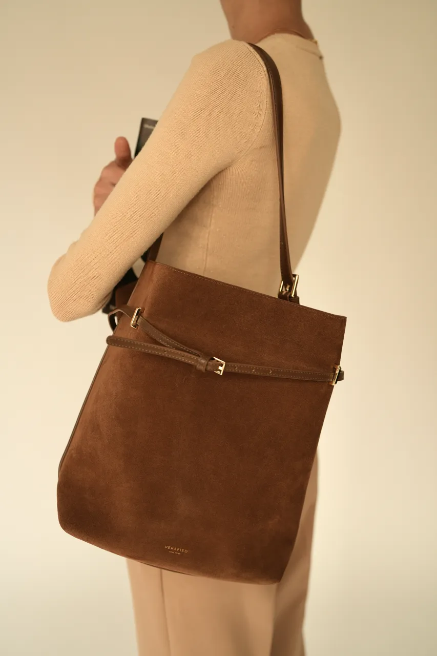 Toffee Suede Belted Tote Bag sold by VERAFIED product image thumbnail 2