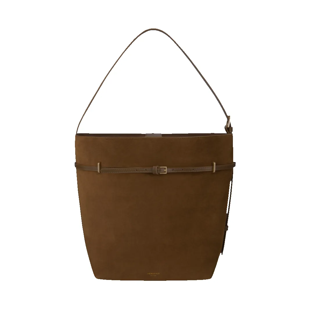 Toffee Suede Belted Tote Bag sold by VERAFIED