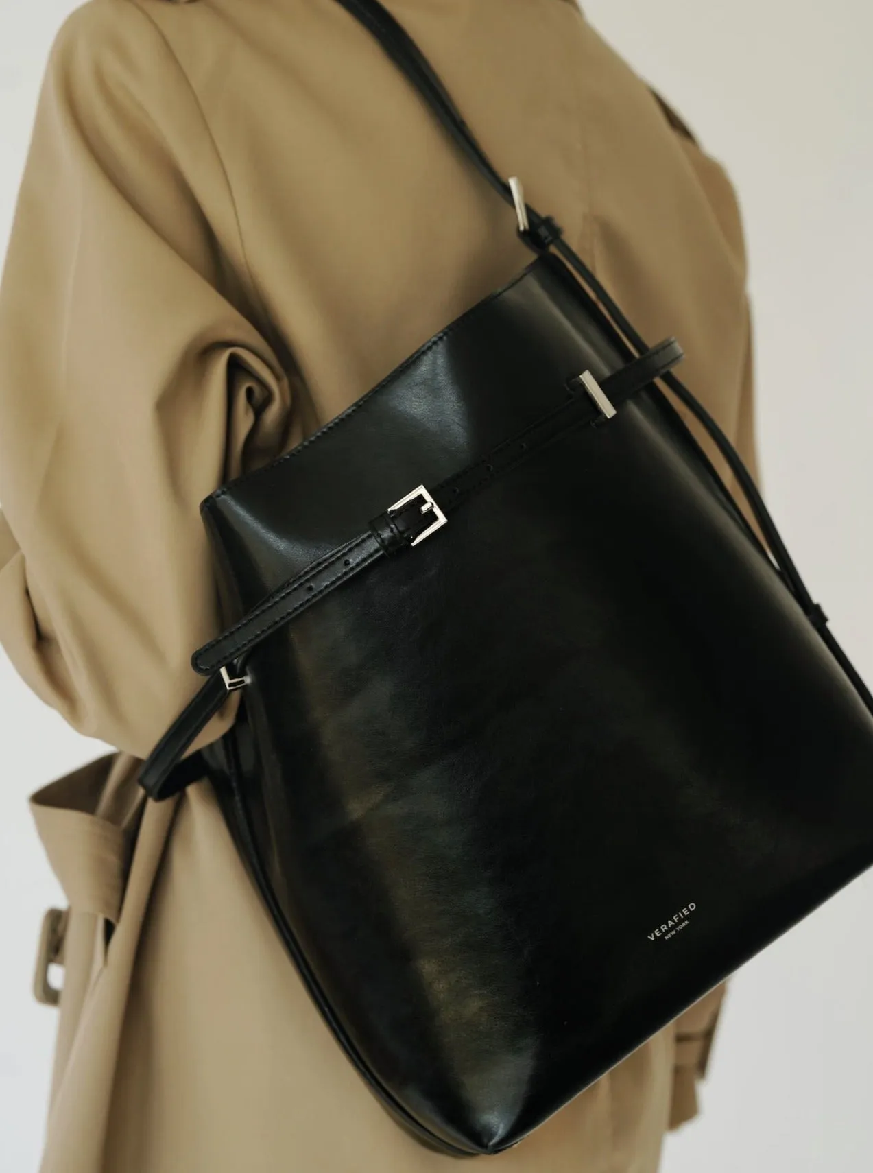 Black Belted Leather Tote Bag sold by VERAFIED product image thumbnail 2