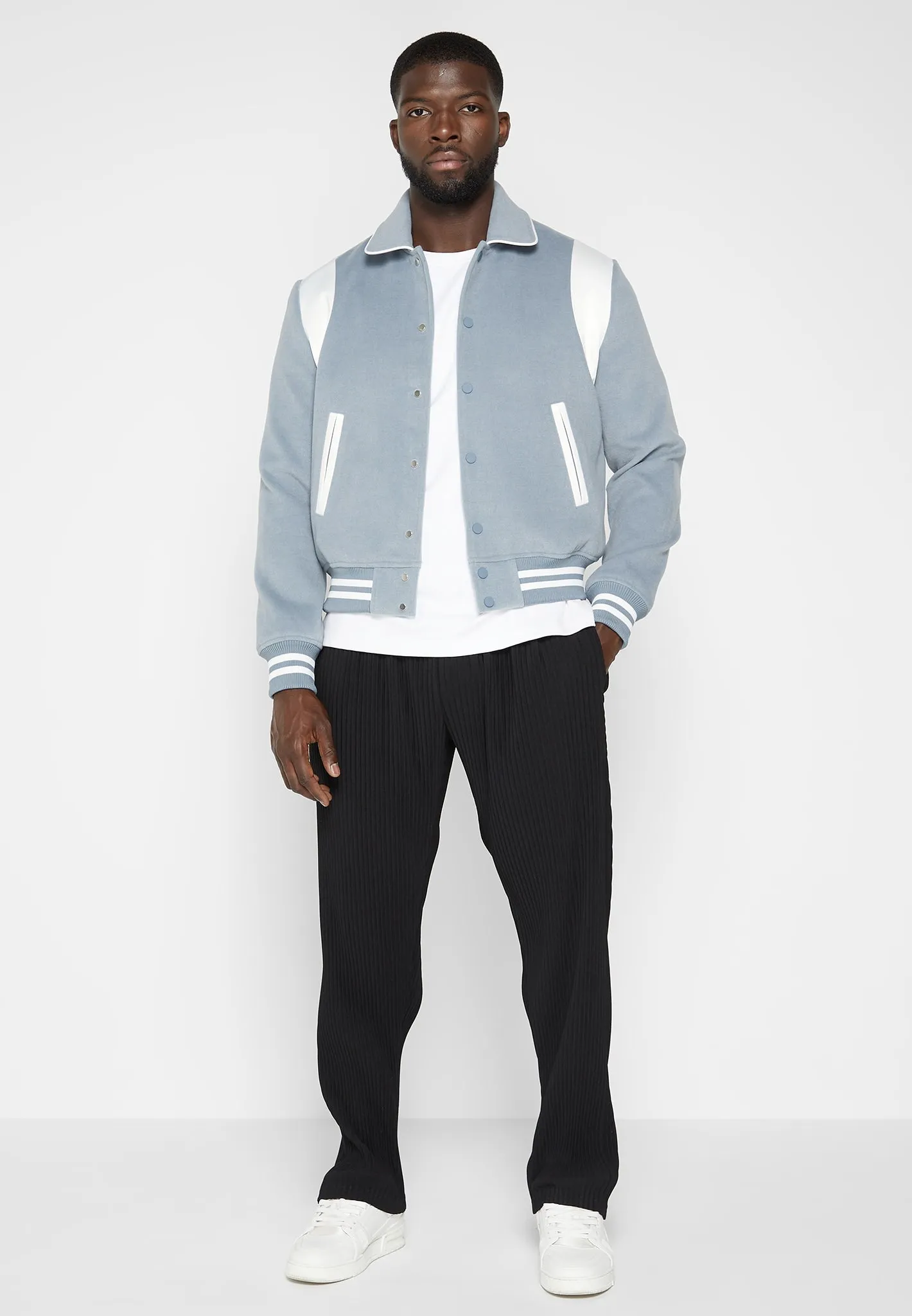 Satin Panel Wool Varsity Jacket - Blue sold by Maniere De Voir product image thumbnail 2