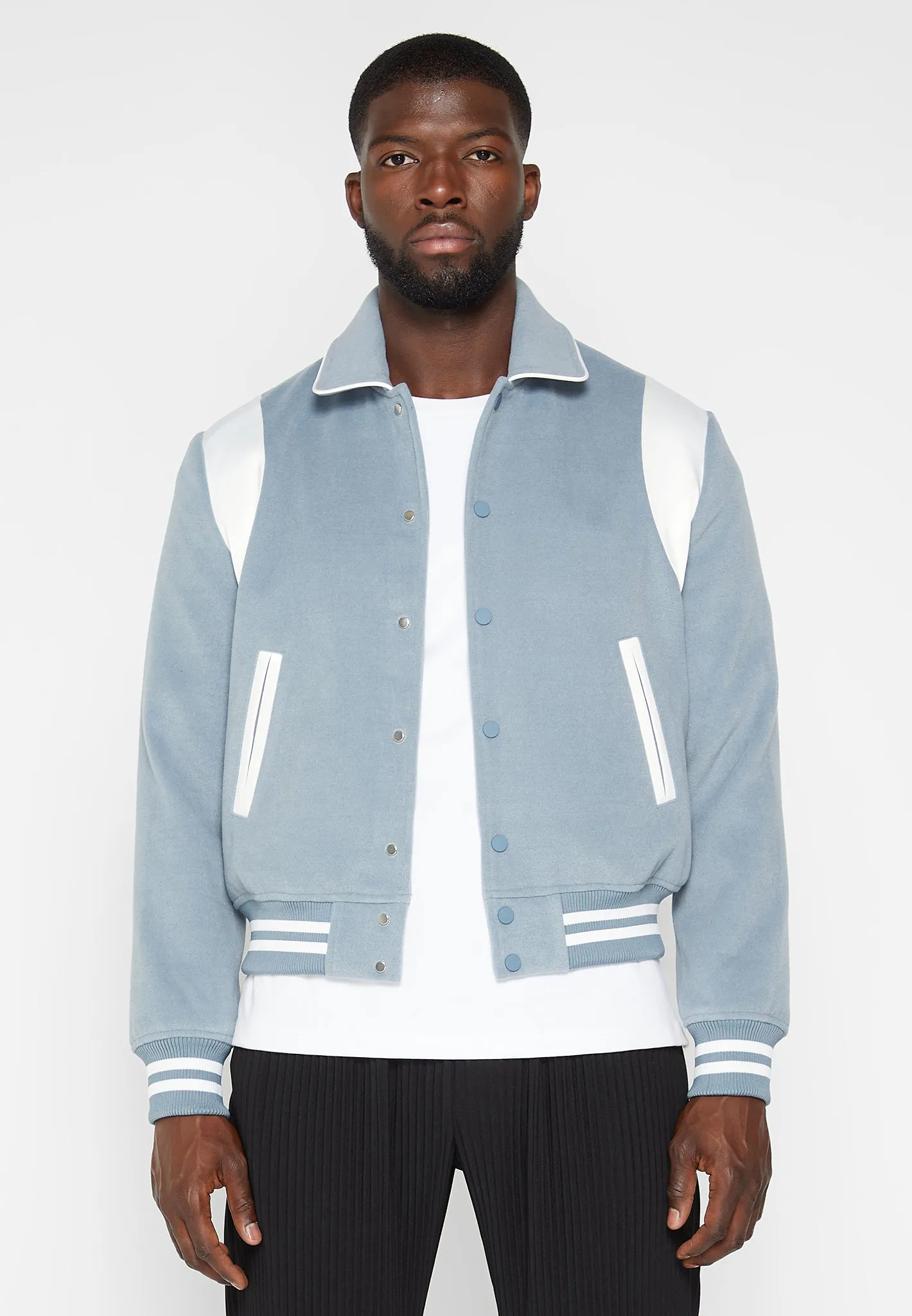 Satin Panel Wool Varsity Jacket - Blue sold by Maniere De Voir product image thumbnail 3
