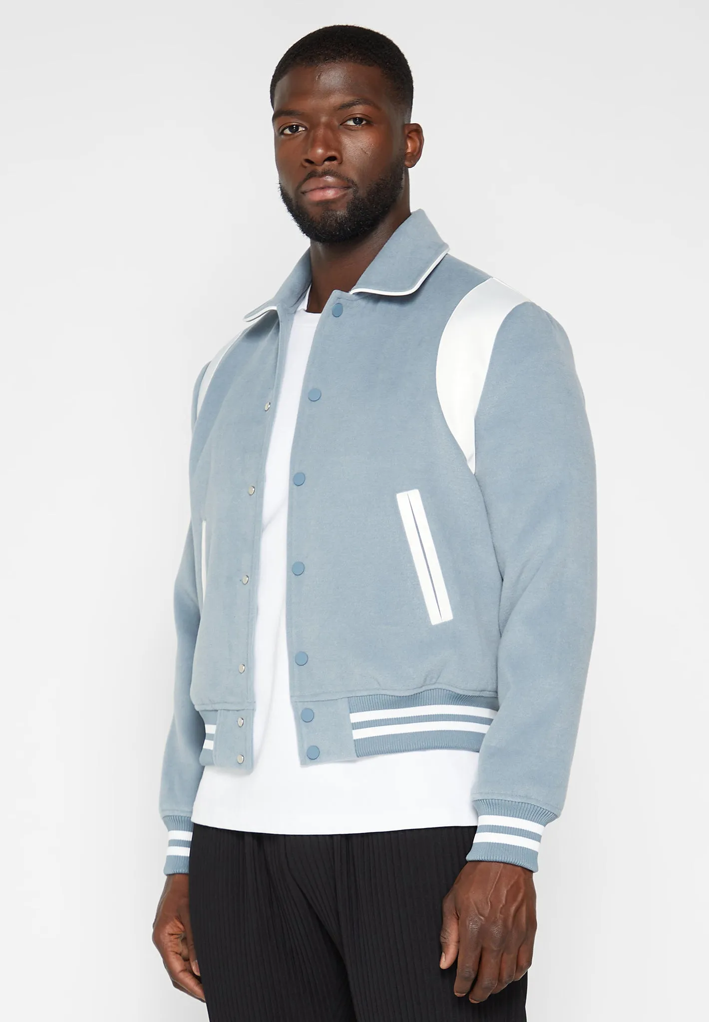 Satin Panel Wool Varsity Jacket - Blue sold by Maniere De Voir product image thumbnail 4