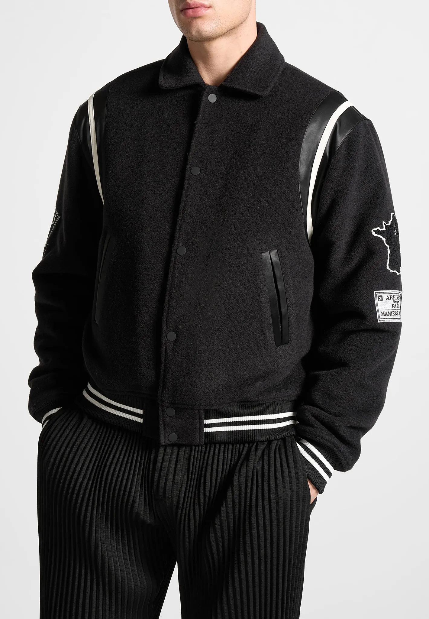 Satin Panel Eiffel Varsity Jacket - Black sold by Maniere De Voir product image thumbnail 5