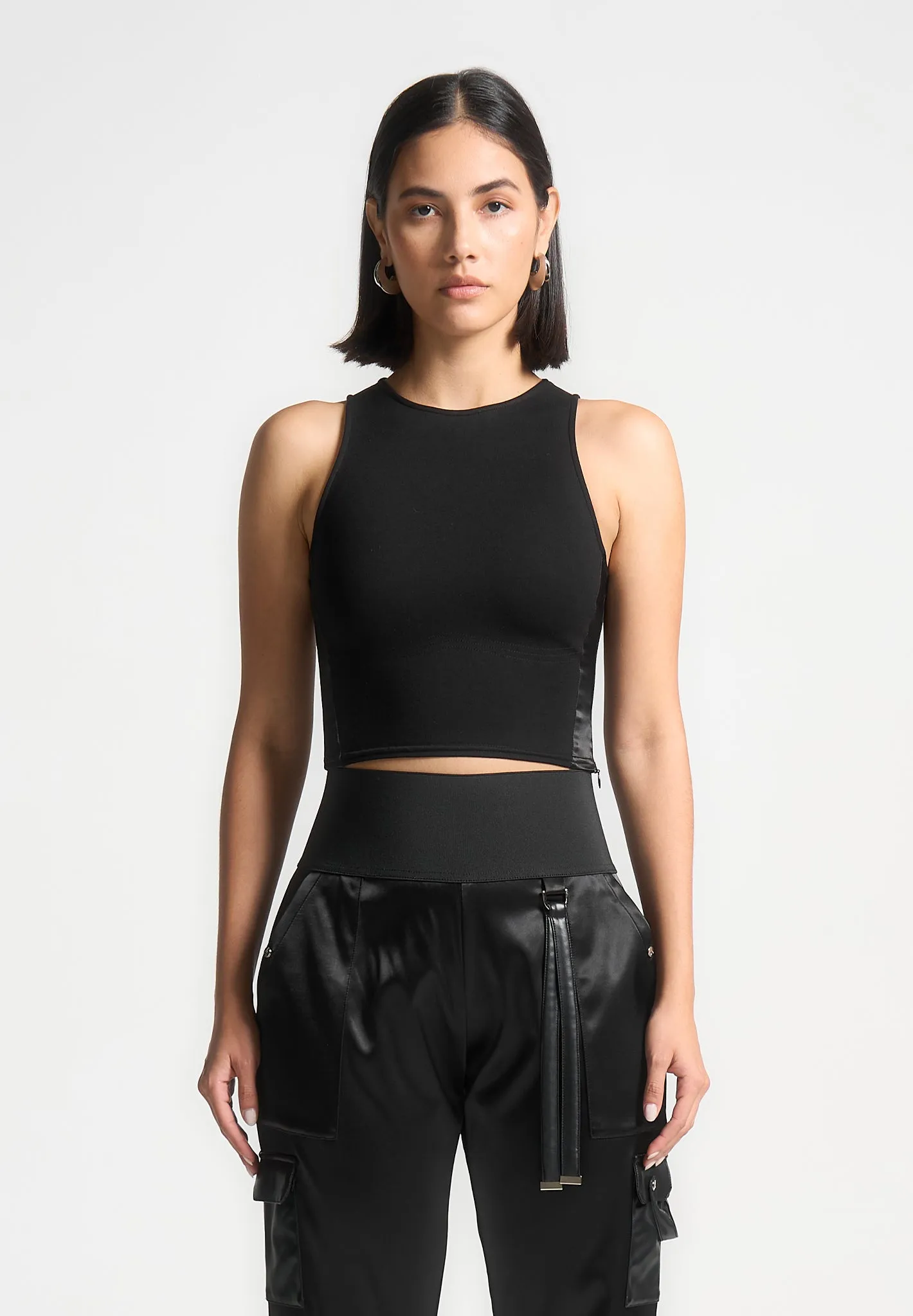Racer Crop Top with Satin Panels - Black sold by Maniere De Voir product image thumbnail 3