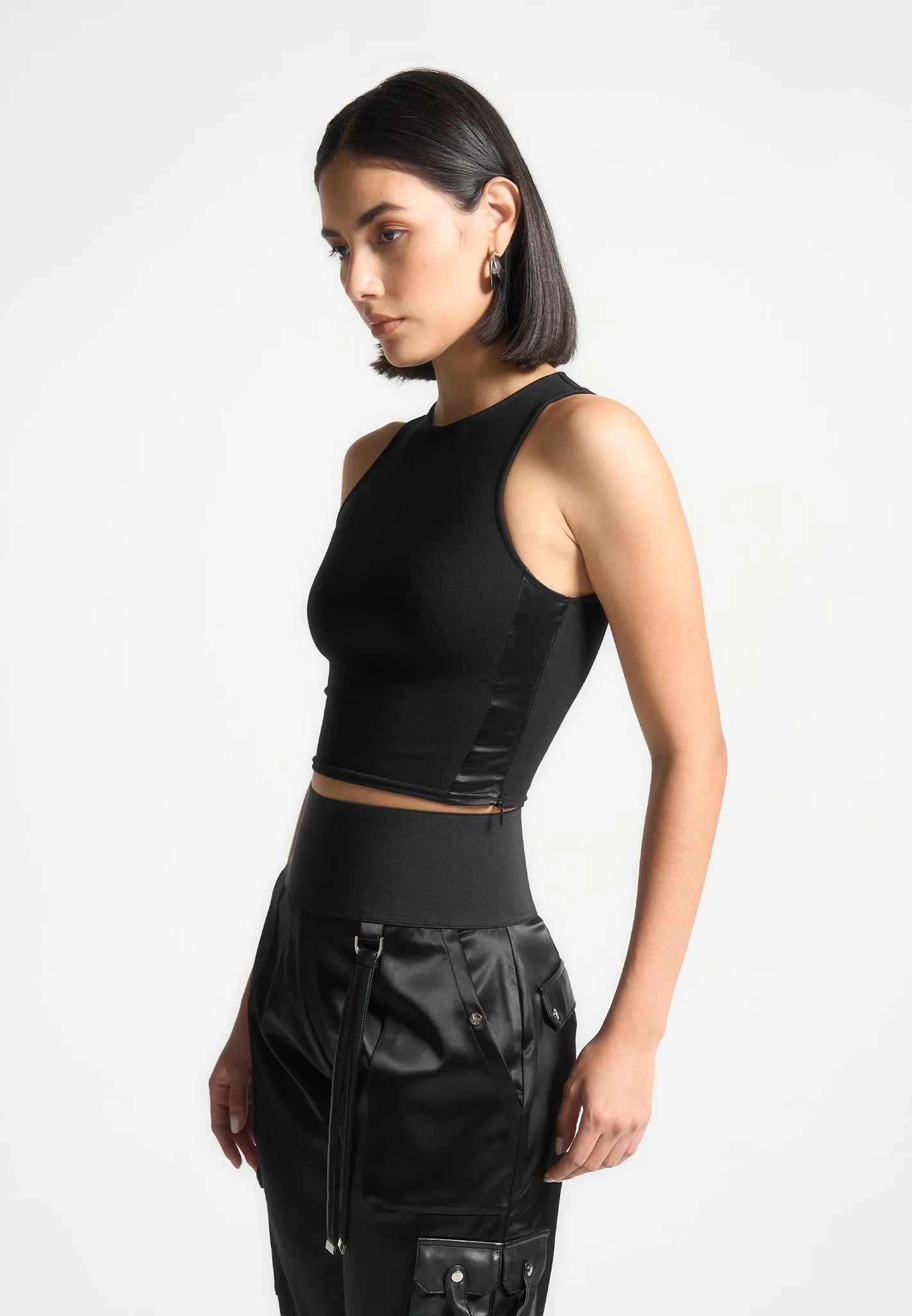 Racer Crop Top with Satin Panels - Black sold by Maniere De Voir product image thumbnail 4