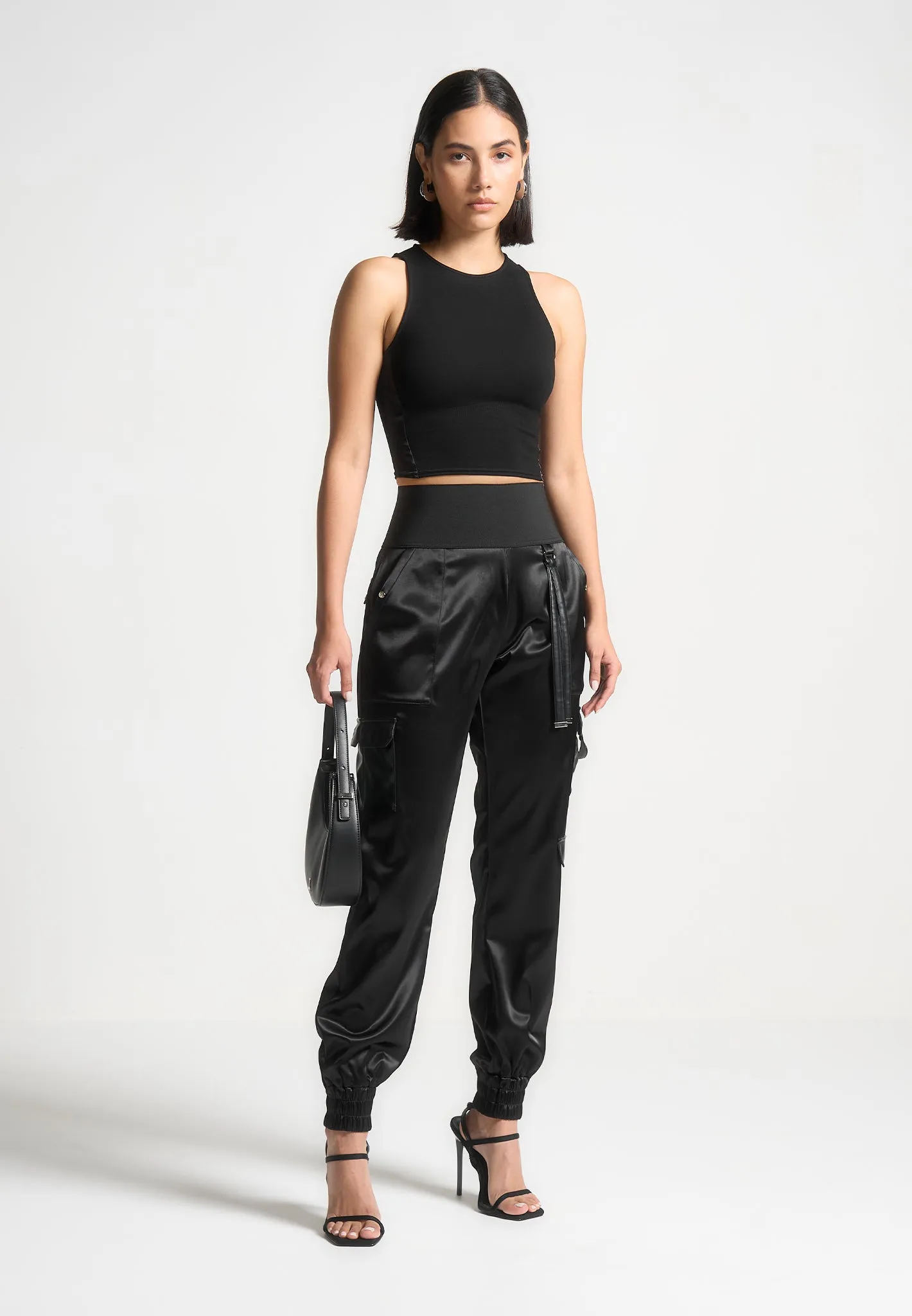 Racer Crop Top with Satin Panels - Black sold by Maniere De Voir product image thumbnail 2