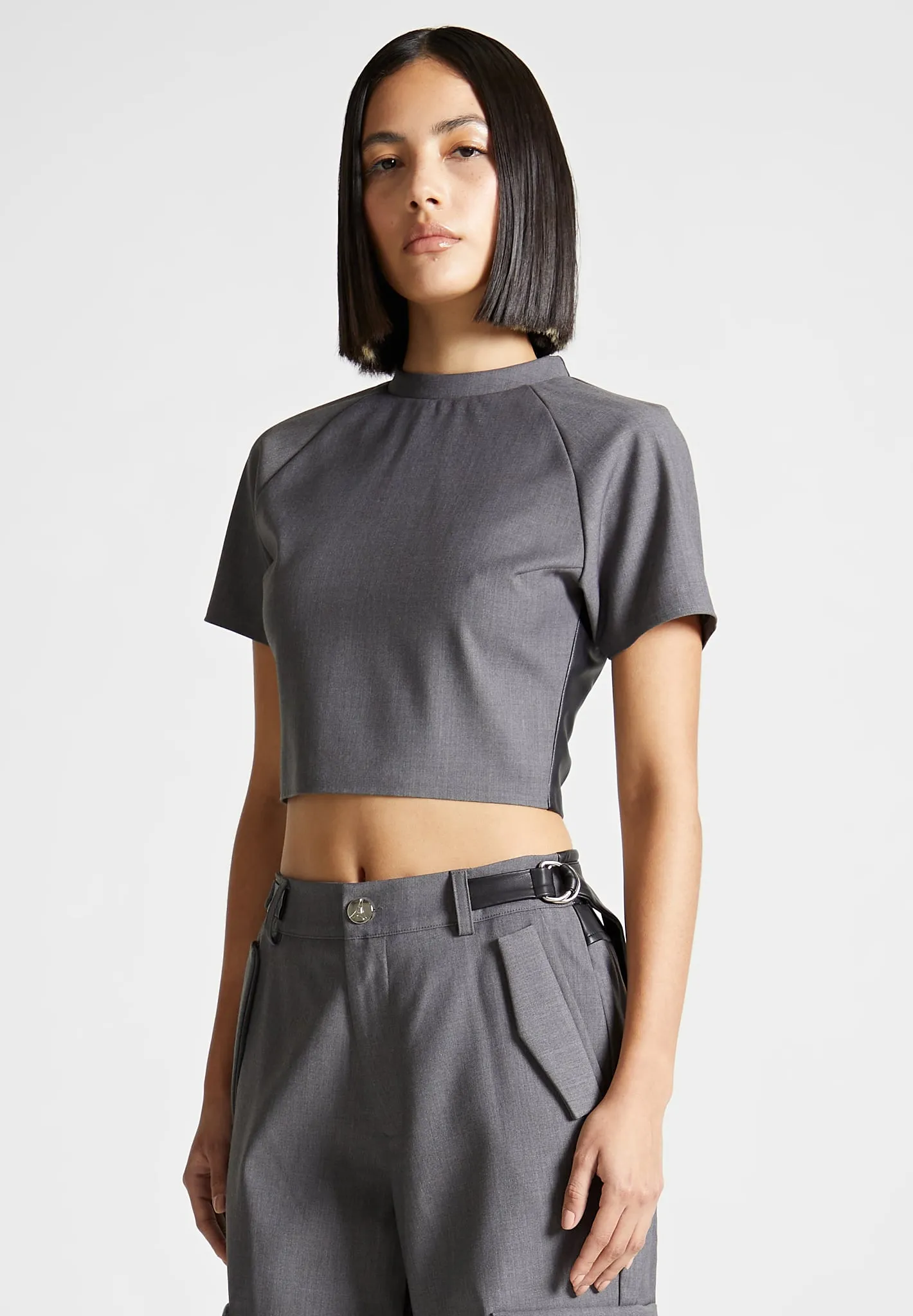 Tailored Mock Neck Top - Grey/Black sold by Maniere De Voir product image thumbnail 5