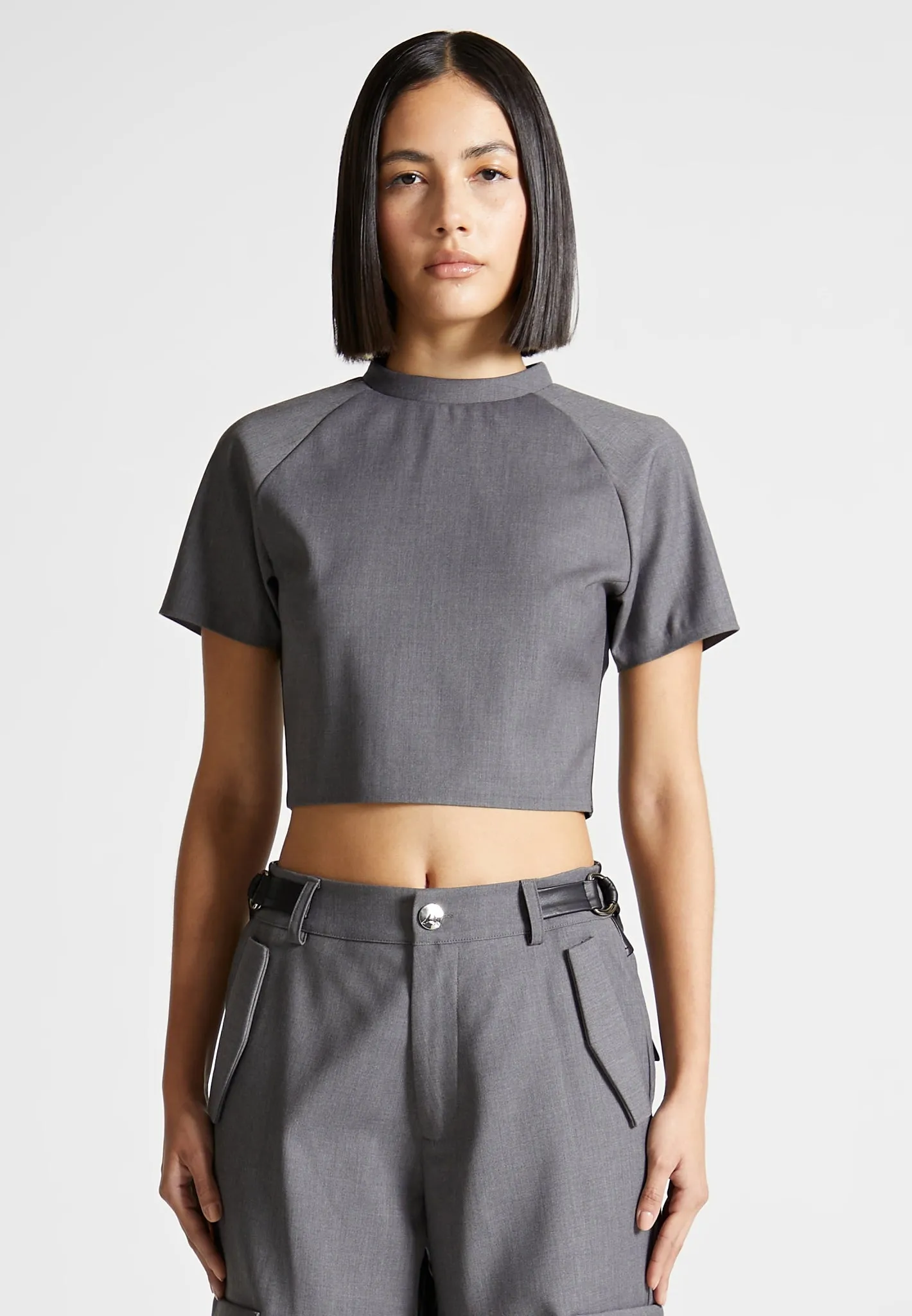 Tailored Mock Neck Top - Grey/Black sold by Maniere De Voir product image thumbnail 4