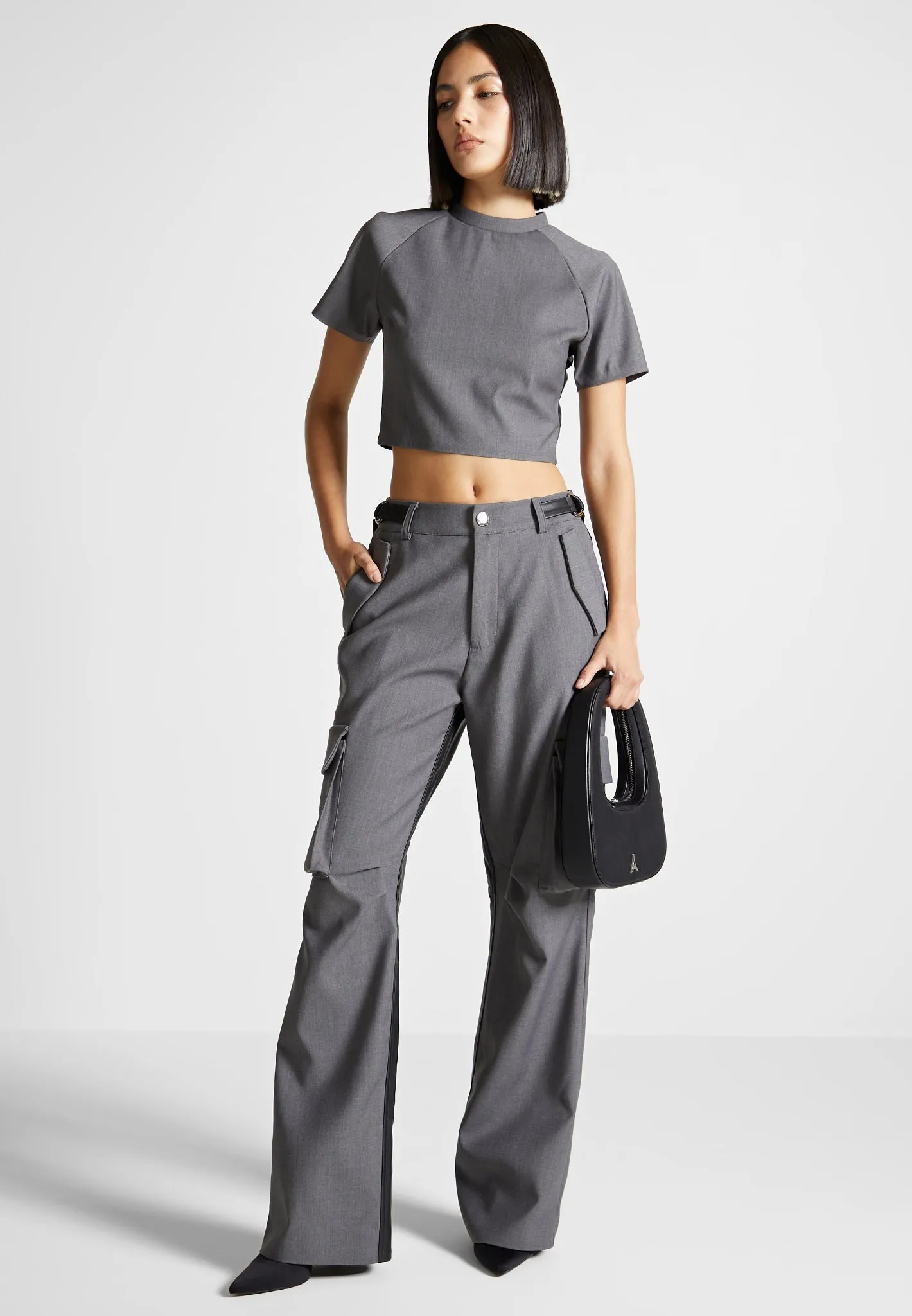 Tailored Mock Neck Top - Grey/Black sold by Maniere De Voir product image thumbnail 3