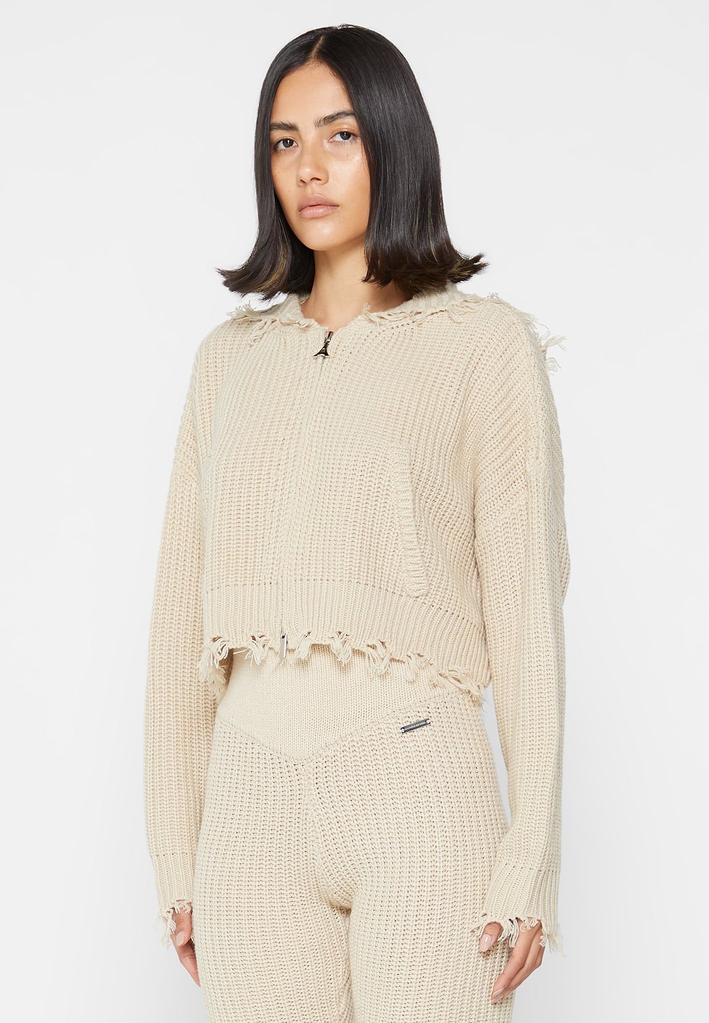 Distressed Chunky Knit Hoodie - Beige | Parallel