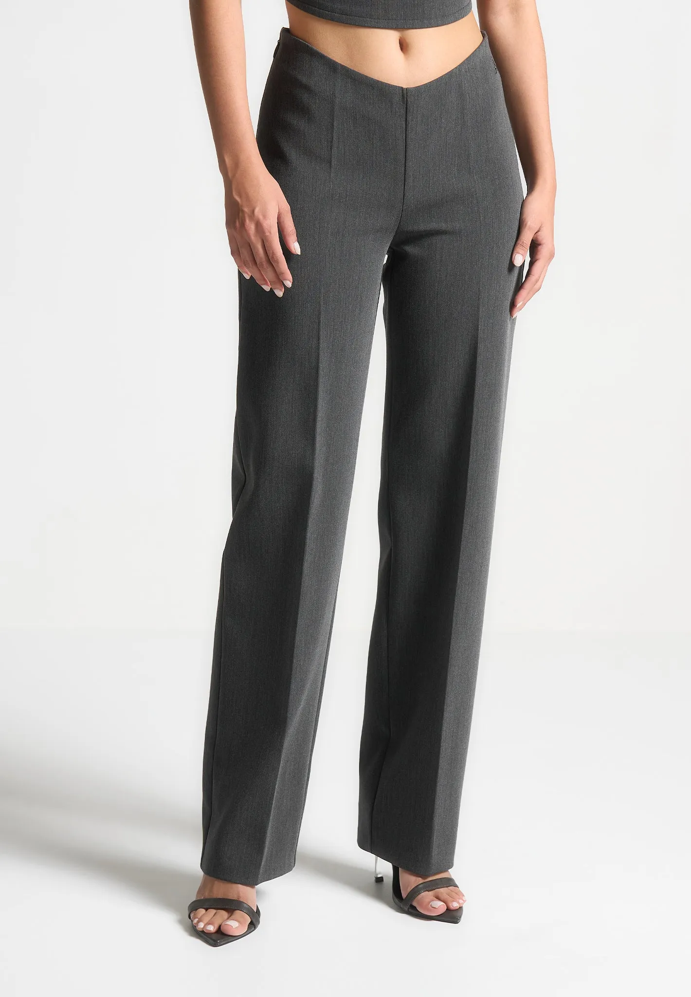 Curved Waist Tailored Trousers - Dark Grey sold by Maniere De Voir