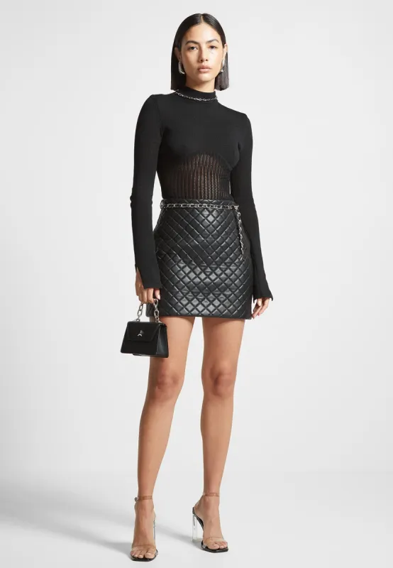 Leather Quilted Mini Skirt with Chain - Black sold by Maniere De Voir