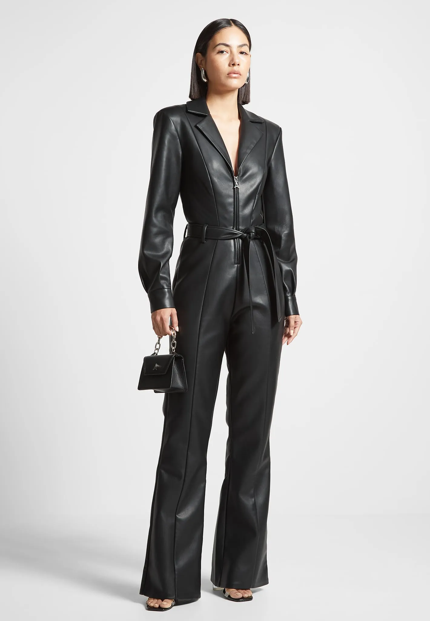 Leather Fit and Flare Belted Jumpsuit - Black sold by Maniere De Voir