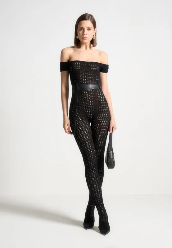 Martine - Pointelle Knit Bardot Jumpsuit with Belt - Black sold by Maniere De Voir