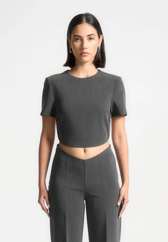 Curved Hem Backless Top with Tie - Dark Grey sold by Maniere De Voir