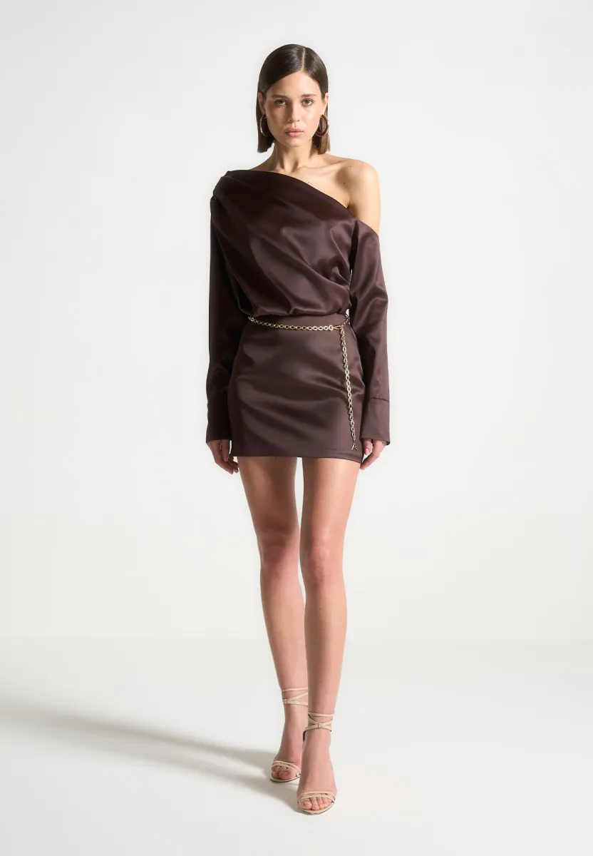 Off Shoulder Draped Satin Mini Dress with Belt - Brown sold by Maniere De Voir