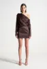 Off Shoulder Draped Satin Mini Dress with Belt - Brown sold by Maniere De Voir