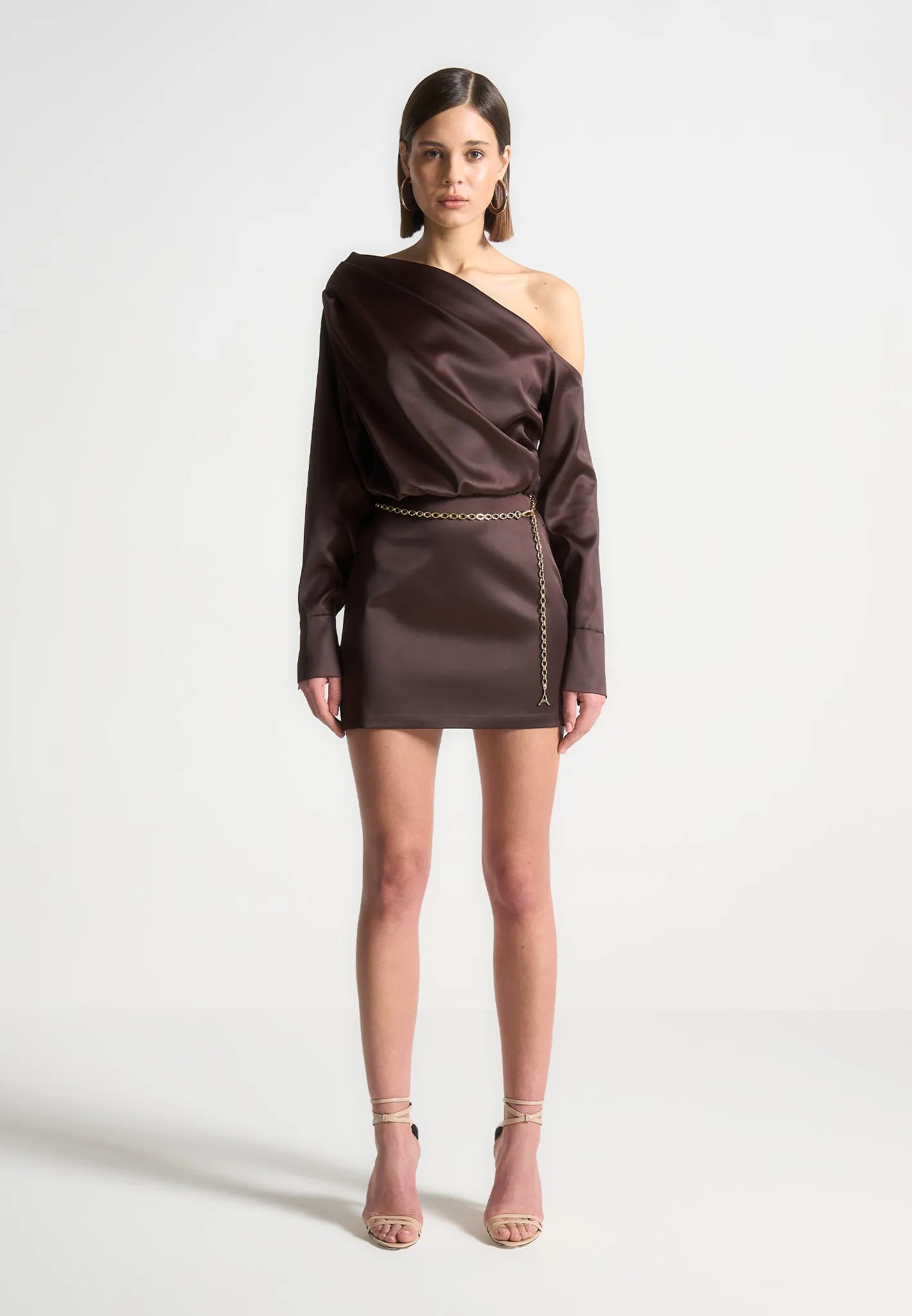 Off Shoulder Draped Satin Mini Dress with Belt - Brown sold by Maniere De Voir product image thumbnail 4