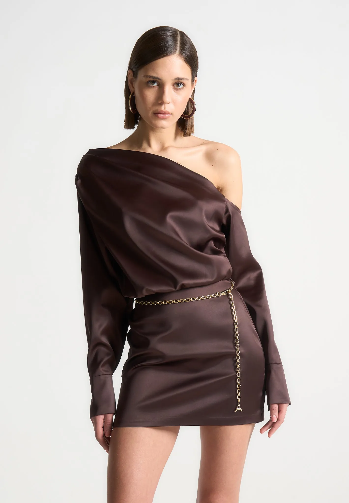 Off Shoulder Draped Satin Mini Dress with Belt - Brown sold by Maniere De Voir product image thumbnail 3