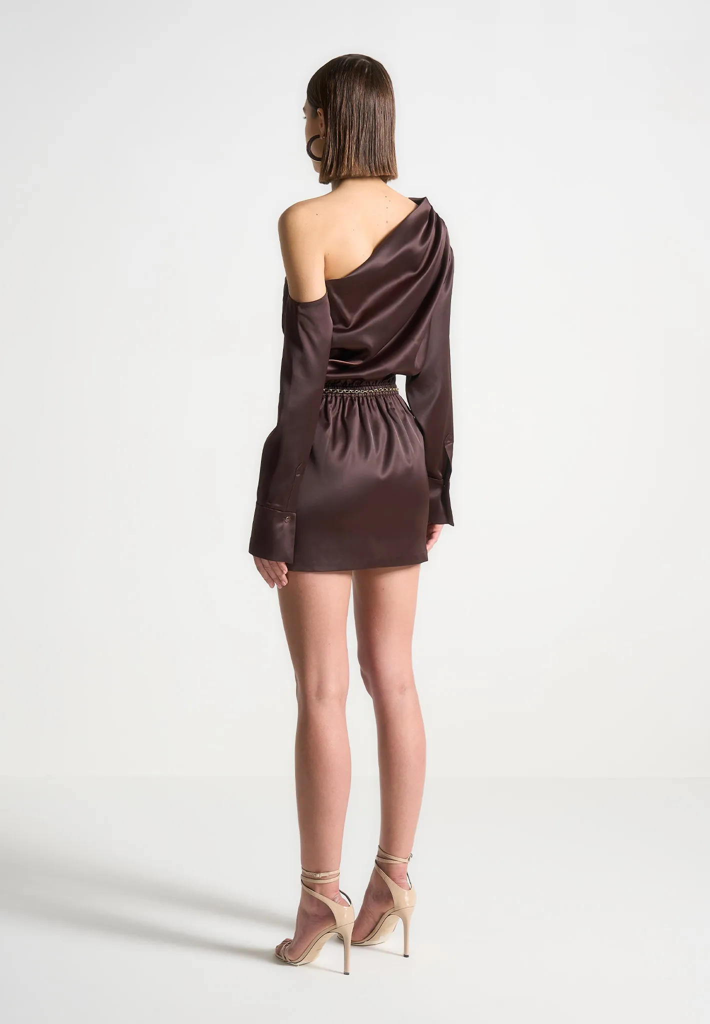 Off Shoulder Draped Satin Mini Dress with Belt - Brown sold by Maniere De Voir product image thumbnail 5