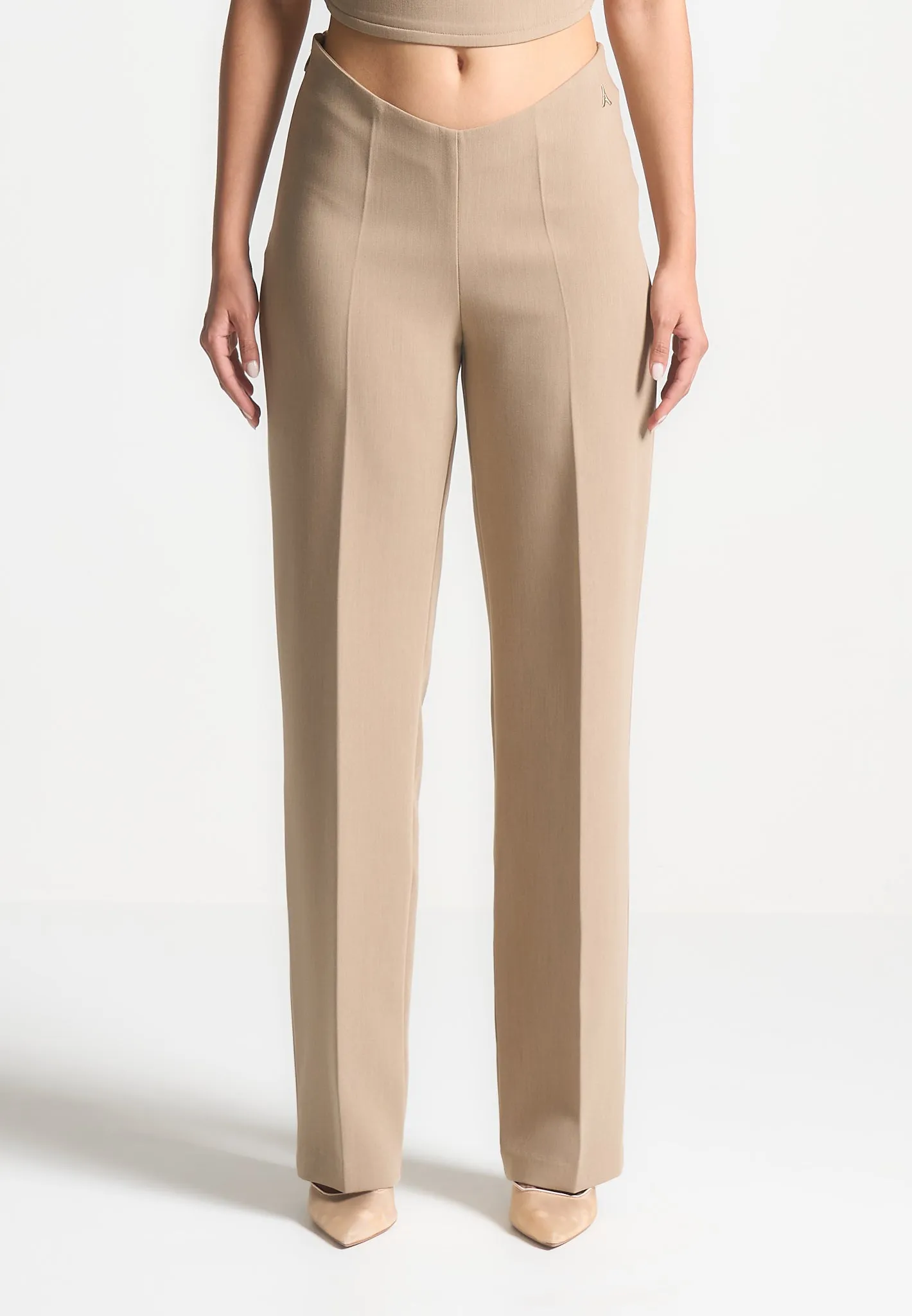 Curved Waist Tailored Trousers - Dark Beige sold by Maniere De Voir product image thumbnail 3