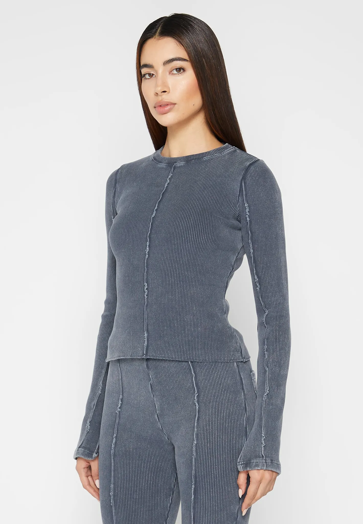 Ribbed Long Sleeve Top - Washed Blue sold by Maniere De Voir product image thumbnail 3