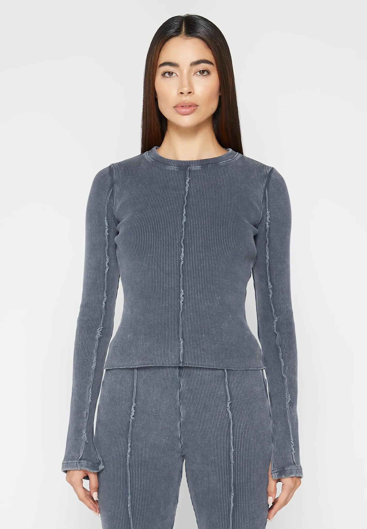 Ribbed Long Sleeve Top - Washed Blue sold by Maniere De Voir