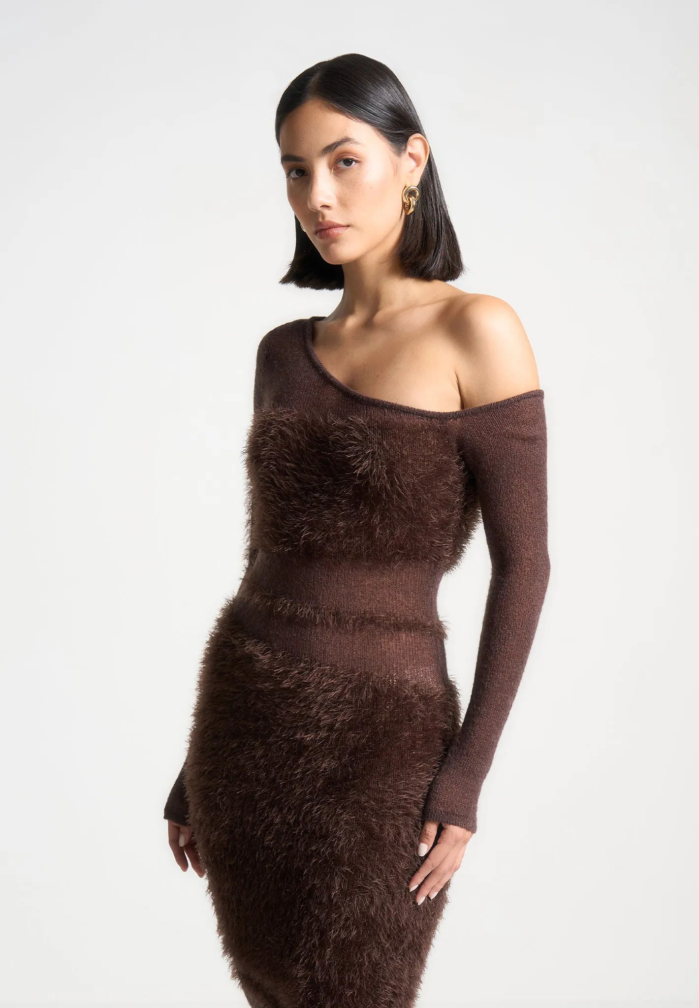 Off Shoulder Knitted Maxi Dress - Brown sold by Maniere De Voir product image thumbnail 5