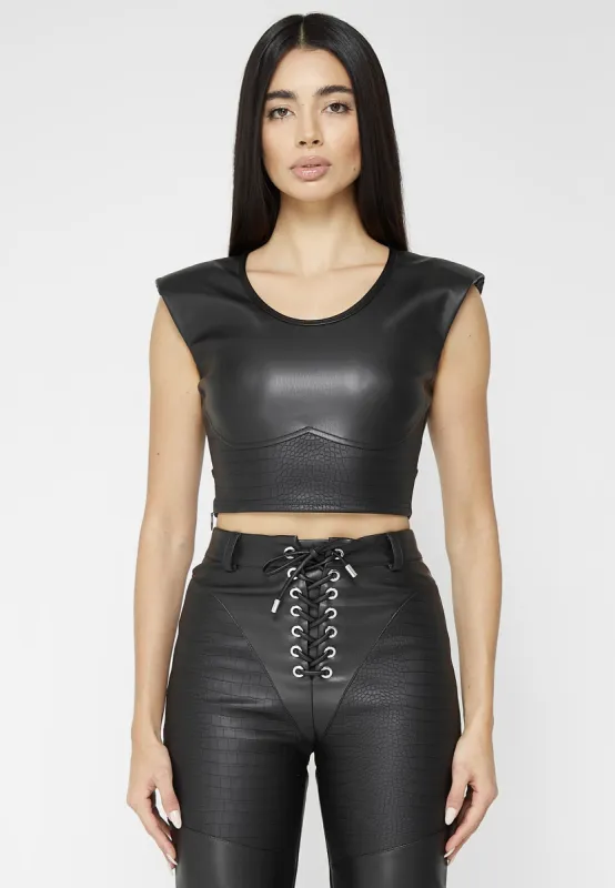 Wide Shoulder Croc Embossed Crop Top - Black sold by Maniere De Voir
