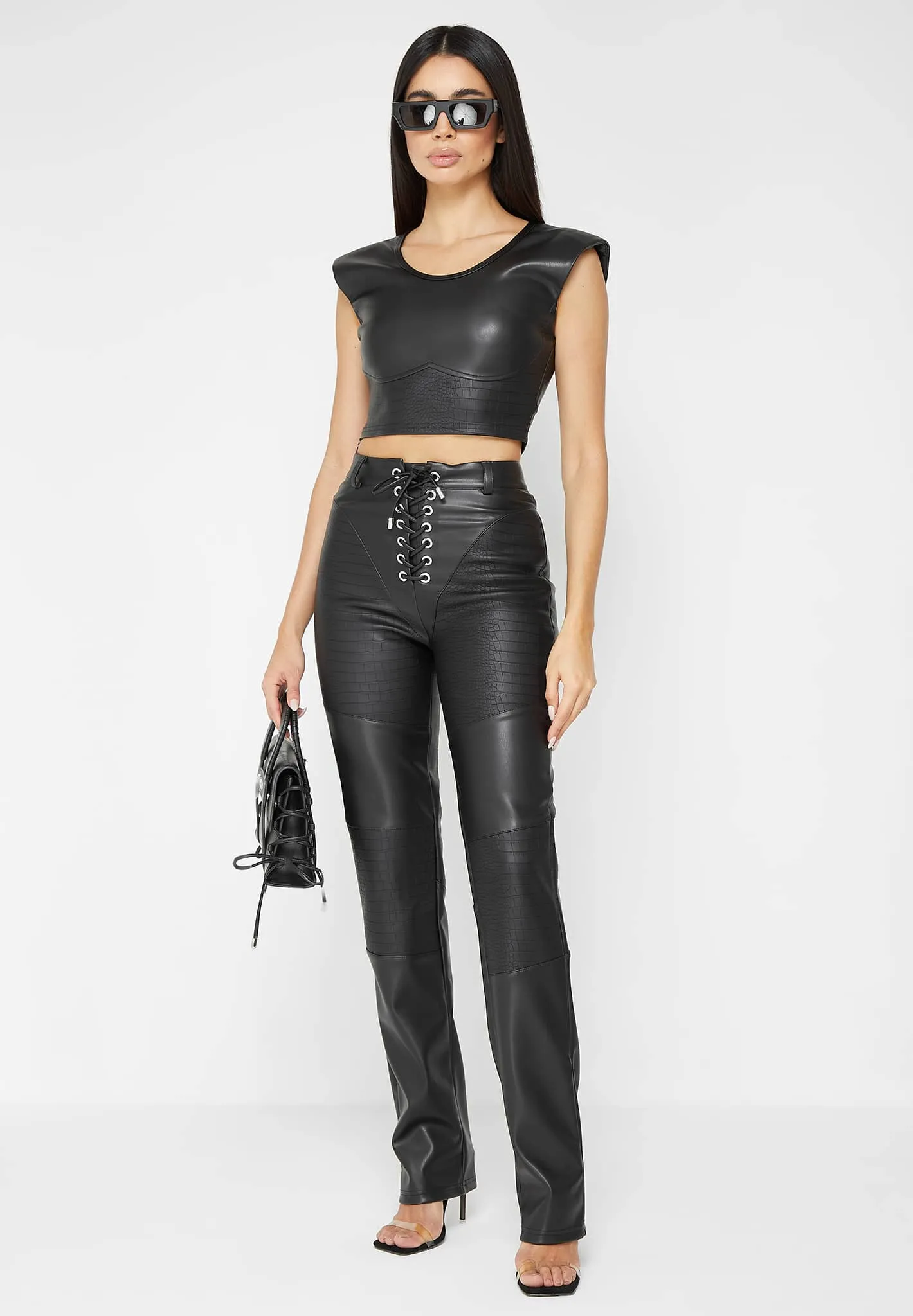 Wide Shoulder Croc Embossed Crop Top - Black sold by Maniere De Voir product image thumbnail 2