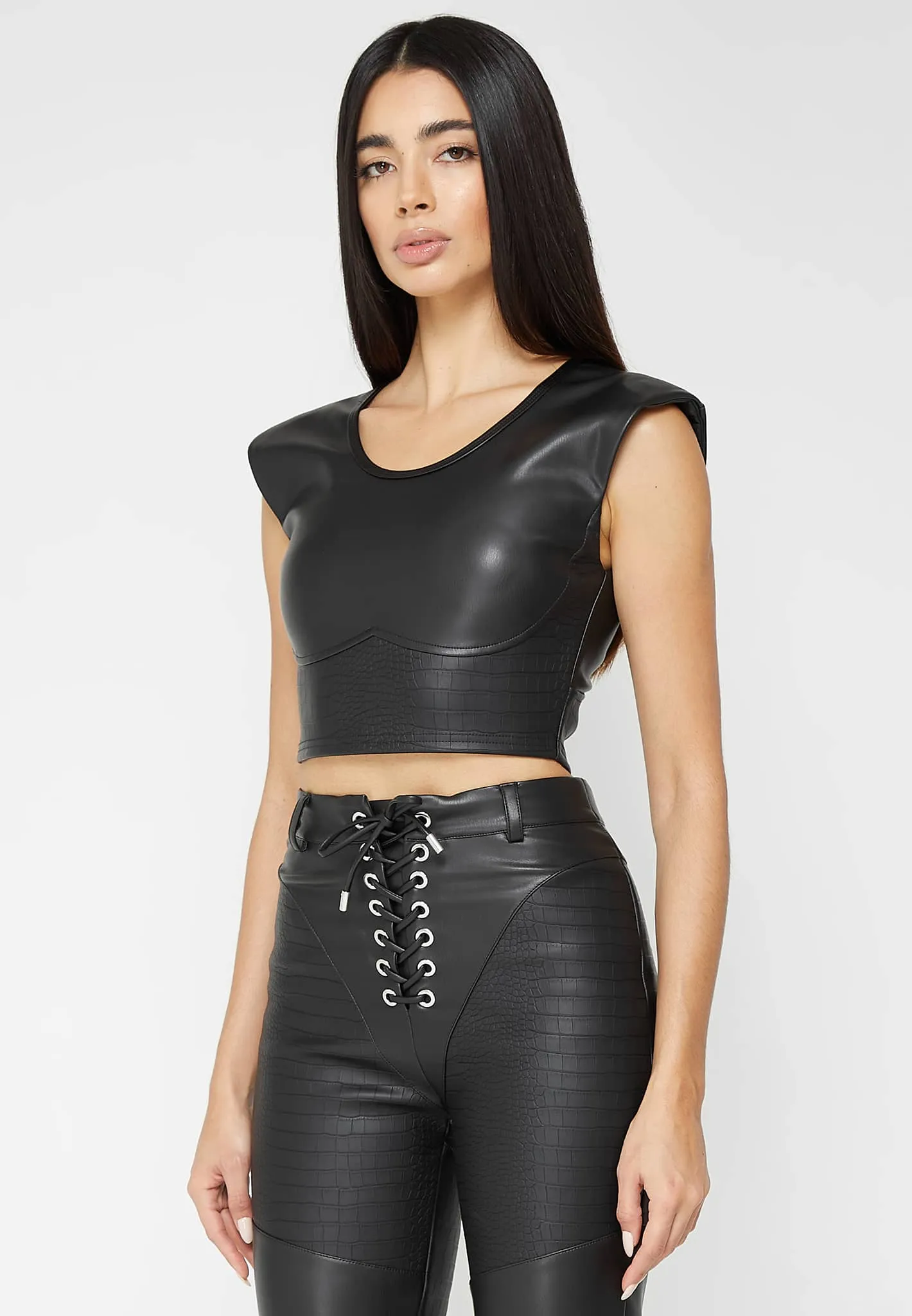 Wide Shoulder Croc Embossed Crop Top - Black sold by Maniere De Voir product image thumbnail 3