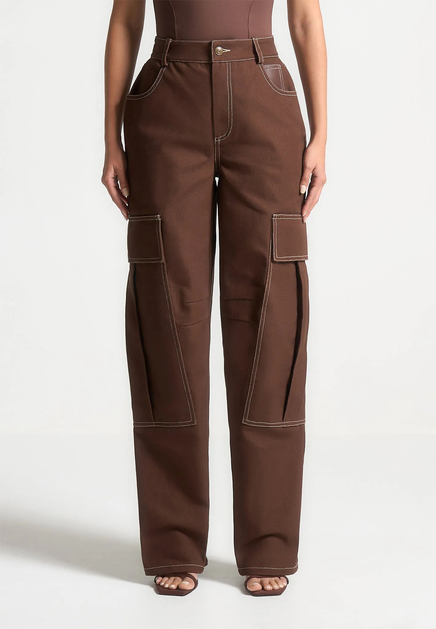 High Rise Drill Cargo Pants - Brown sold by Maniere De Voir product image thumbnail 5