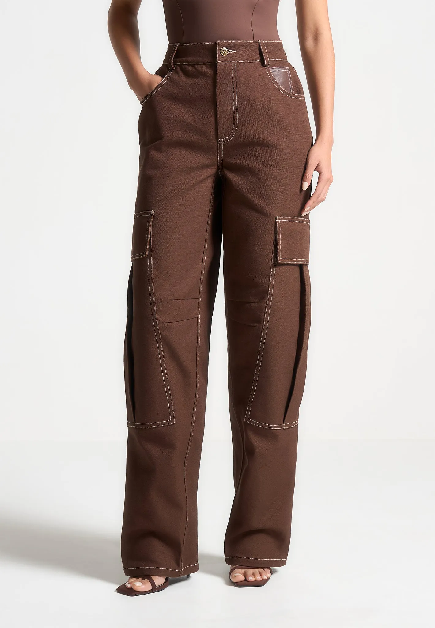 High Rise Drill Cargo Pants - Brown sold by Maniere De Voir product image thumbnail 3