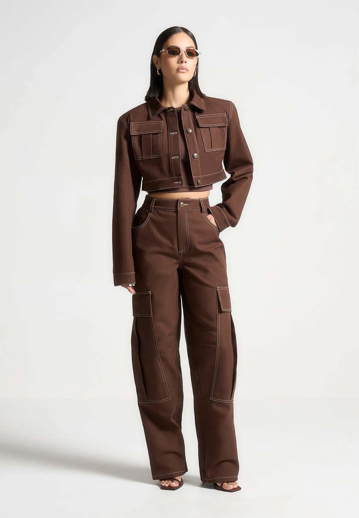 High Rise Drill Cargo Pants - Brown sold by Maniere De Voir product image thumbnail 2