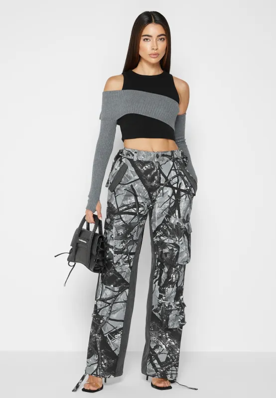 Mid Rise Camo and Denim Cargo Pants - Grey sold by Maniere De Voir