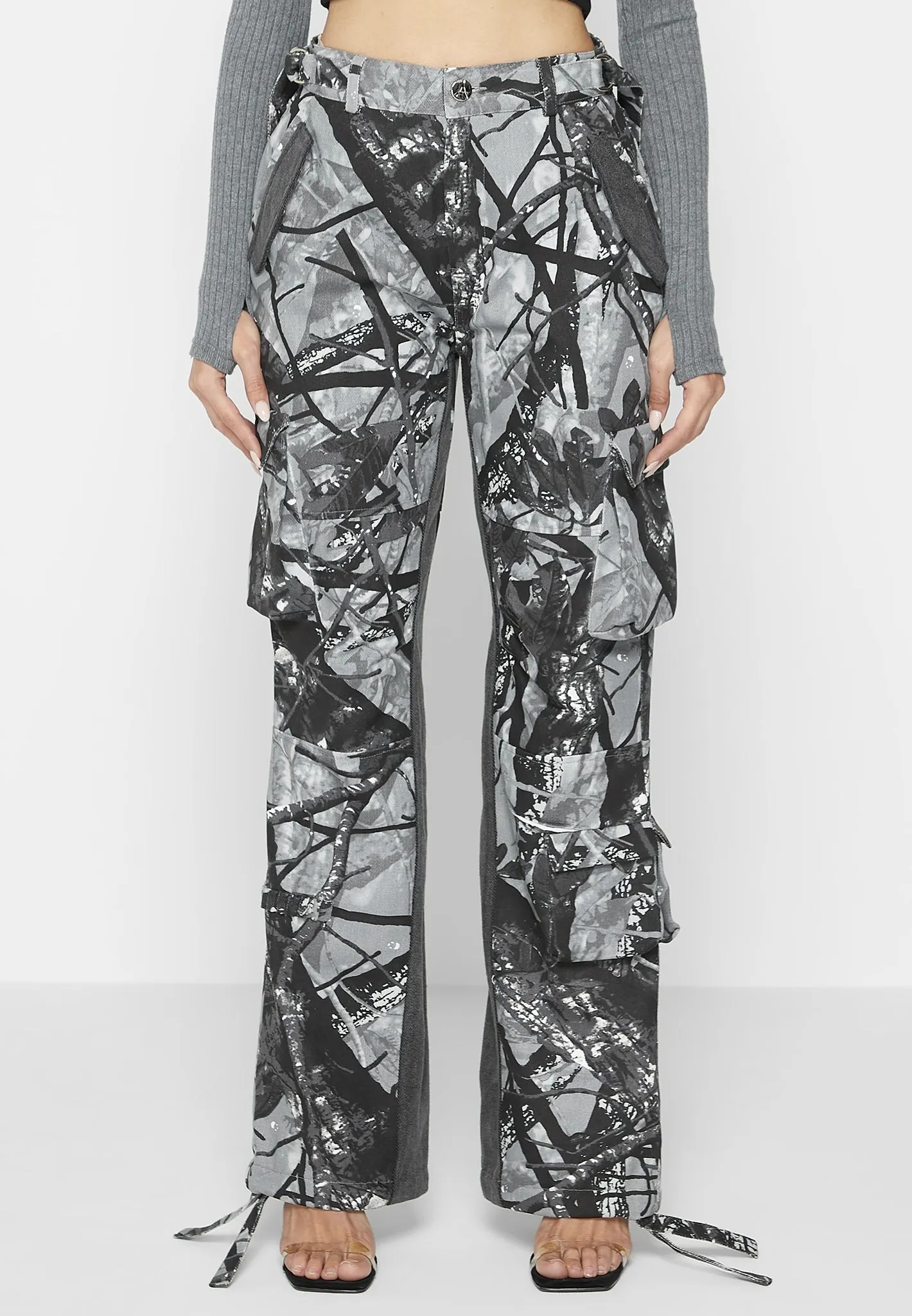 Mid Rise Camo and Denim Cargo Pants - Grey sold by Maniere De Voir product image thumbnail 3