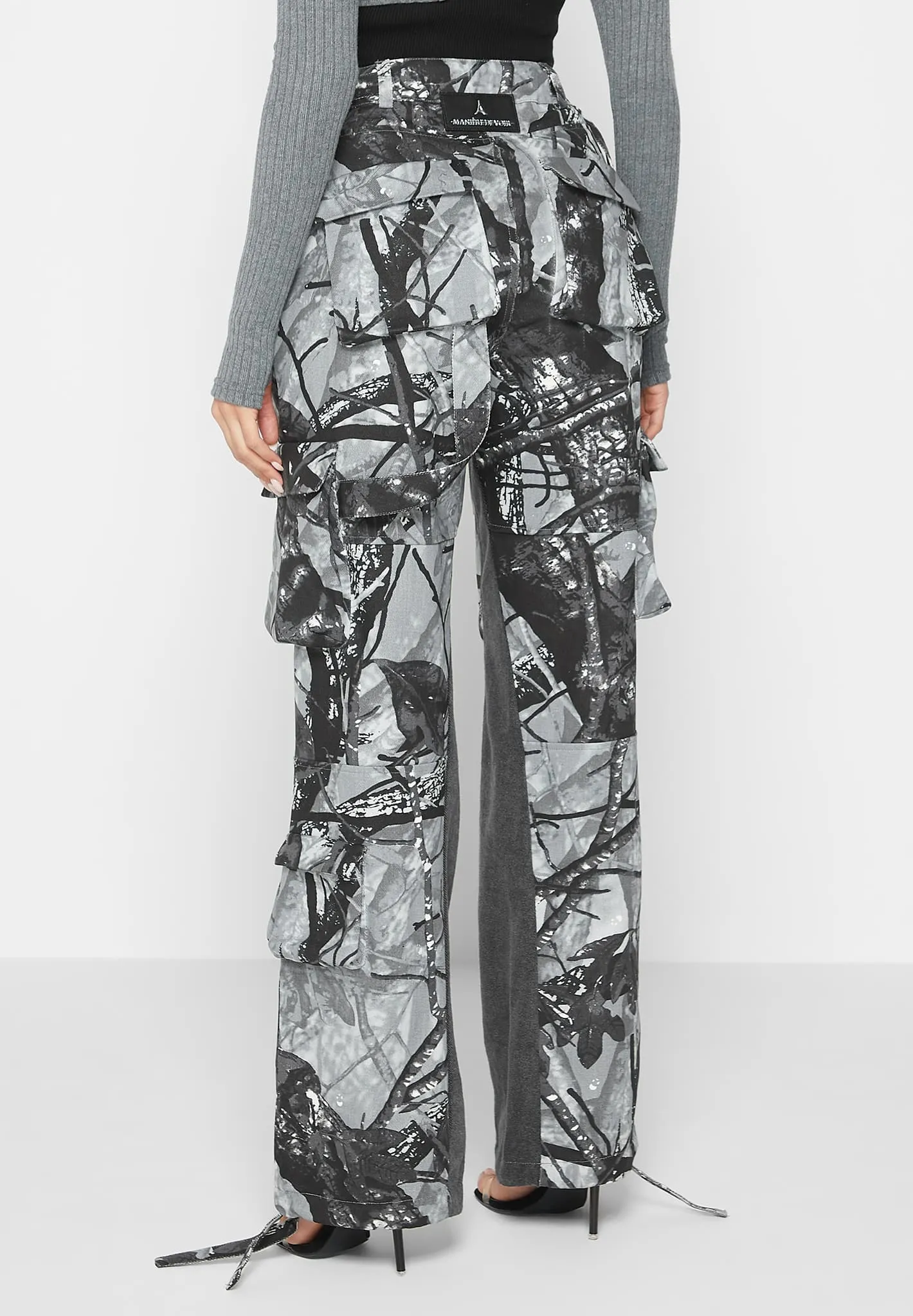 Mid Rise Camo and Denim Cargo Pants - Grey sold by Maniere De Voir product image thumbnail 5