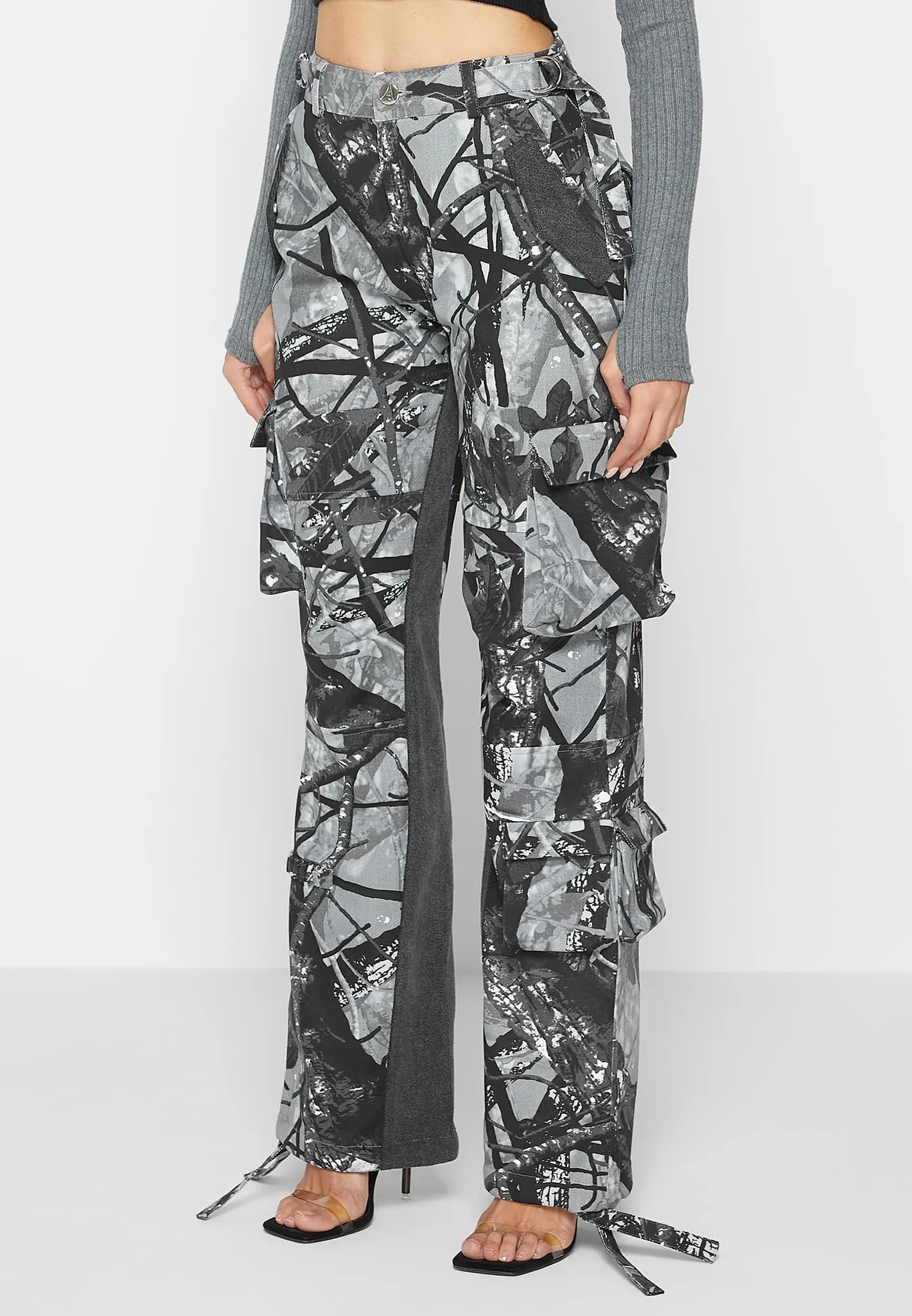 Mid Rise Camo and Denim Cargo Pants - Grey sold by Maniere De Voir product image thumbnail 4